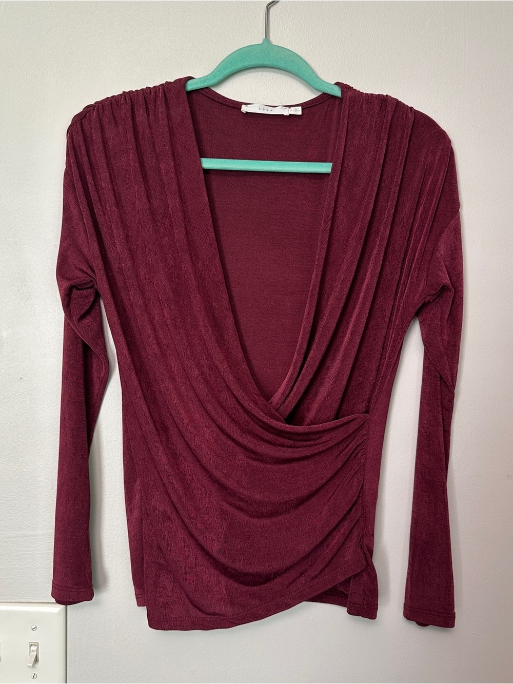Lush Deep Wine Draped V-Neck Long Sleeve Top